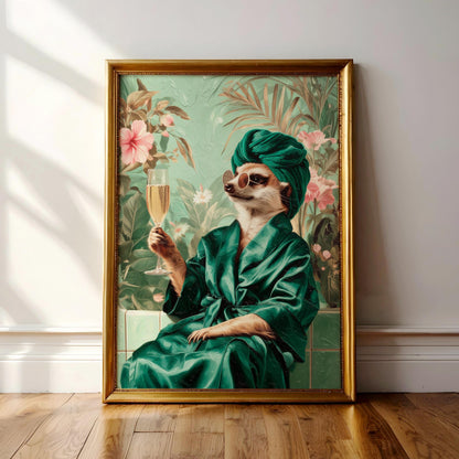 A framed painting depicting a meerkat dressed in a green robe and turban, holding a glass of champagne, with a tropical background.