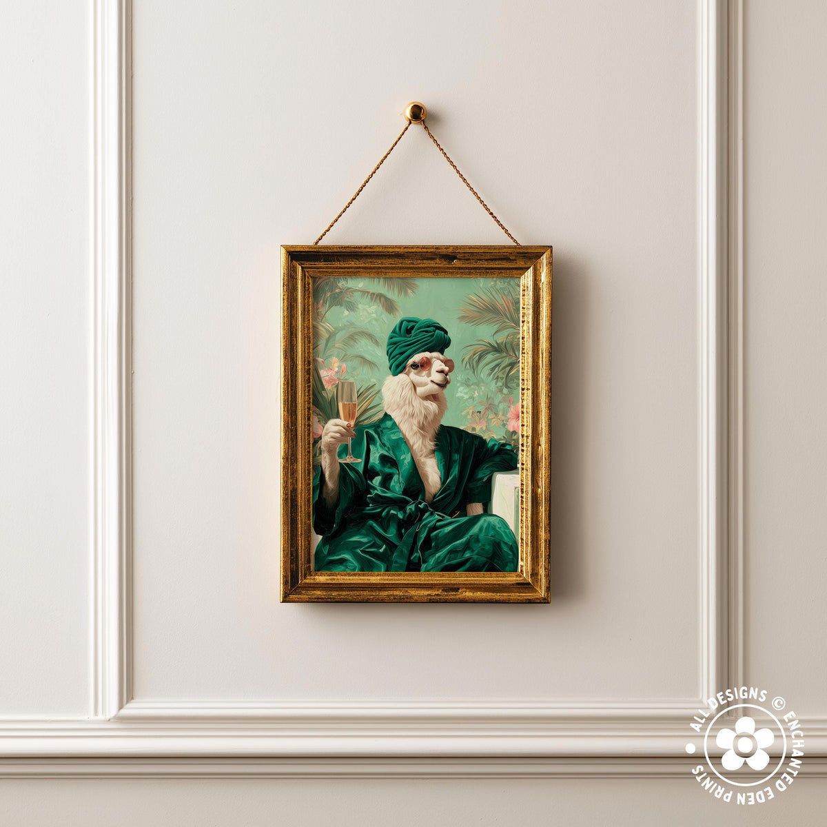 a framed painting of a bearded man wearing a green robe, sitting in a chair and holding a drink.
