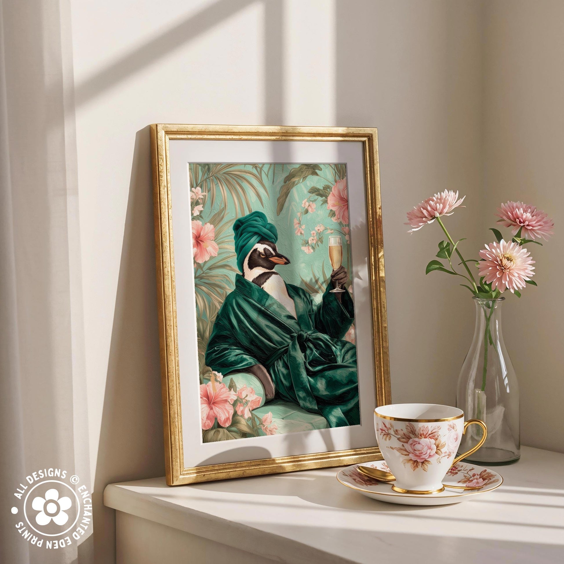 a framed painting of a penguin wearing a green robe and holding a cup of tea, placed on a white shelf next to a vase of pink flowers and a teacup.