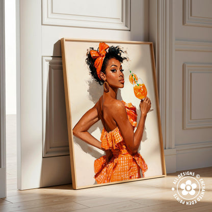 A framed painting of a woman in an orange dress holding a drink, standing in front of a white door.