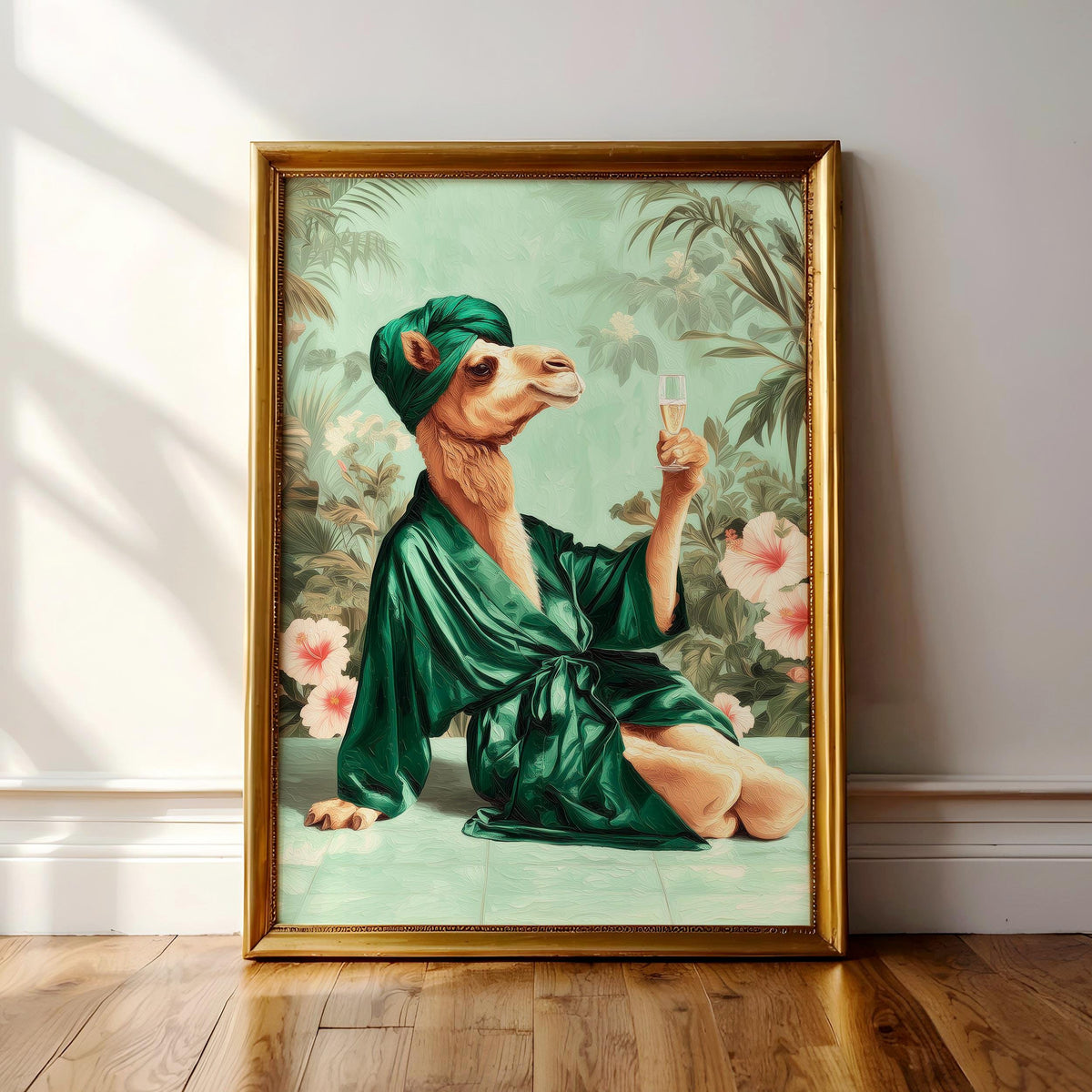 A framed painting depicting a camel wearing a green robe and holding a glass of wine, surrounded by tropical foliage.