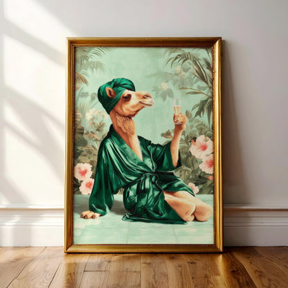 A framed painting depicting a camel wearing a green robe and holding a glass of wine, surrounded by tropical foliage.
