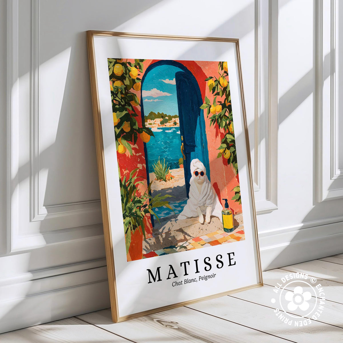 The image is a framed poster featuring a painting of a cat sitting on a stone path in front of a colorful archway, with a blue door and a blue sky in the background.