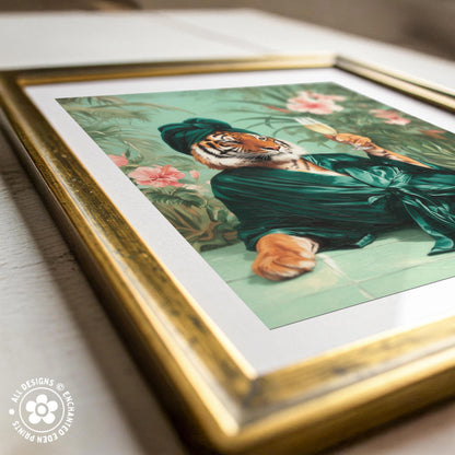 a tiger wearing a green outfit and holding a wine glass, set against a tropical background with pink flowers.