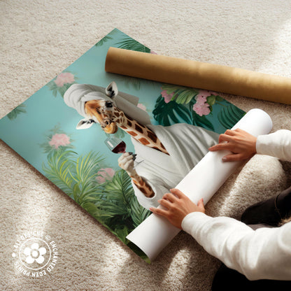 Funny Giraffe in Robe Poster – Tropical Bathroom Wall Art