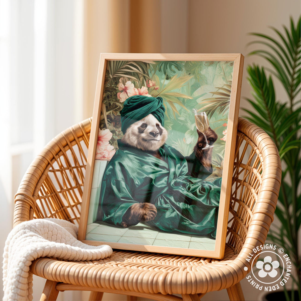 A framed print of a panda wearing a green robe and turban, holding a glass of wine, is displayed on a wicker chair.