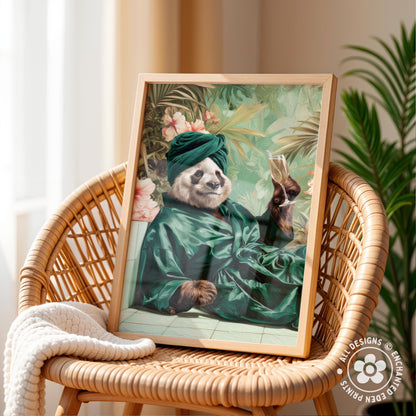A framed print of a panda wearing a green robe and turban, holding a glass of wine, is displayed on a wicker chair.