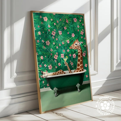 A giraffe is sitting in a green bathtub filled with pink flowers, surrounded by a lush green background with pink flowers.