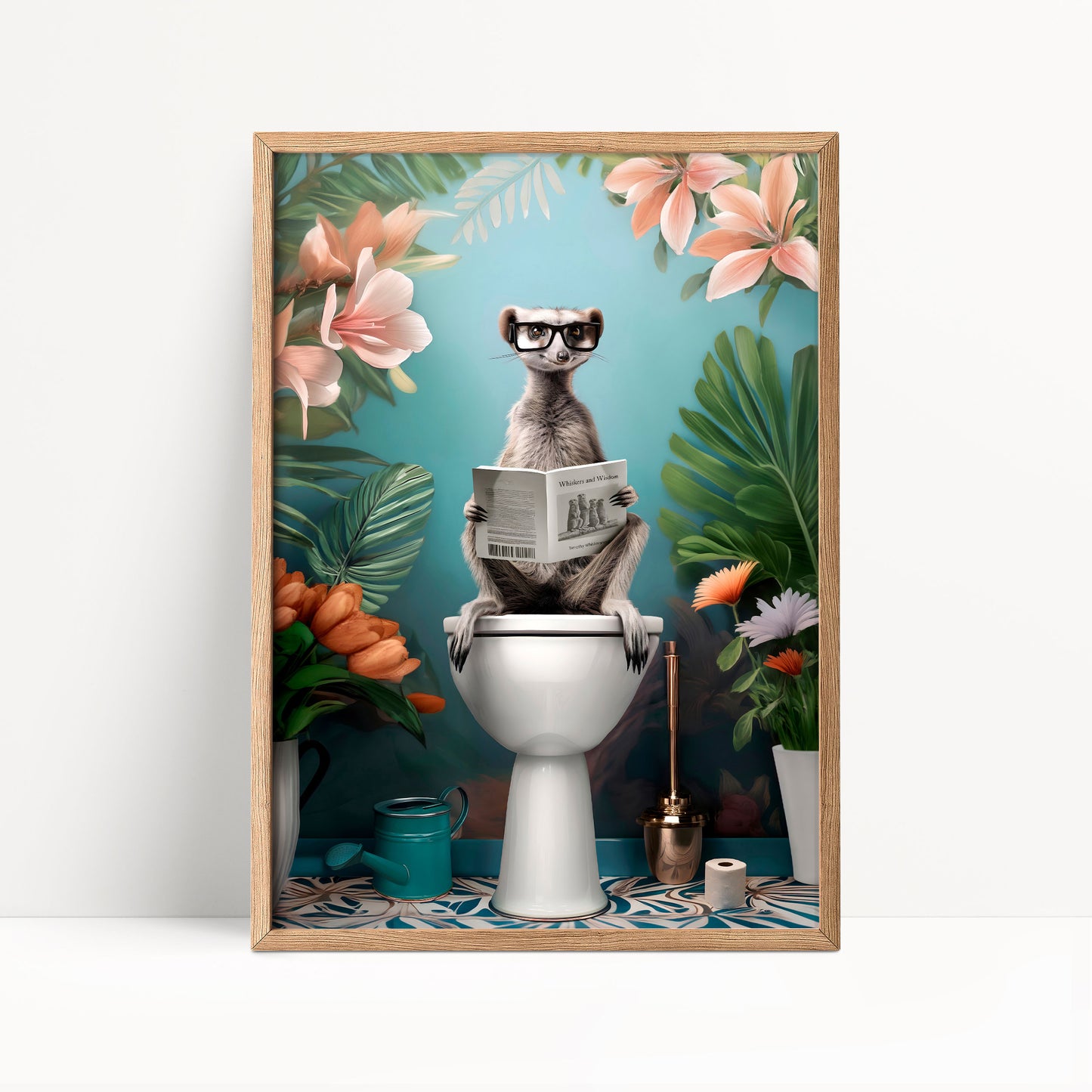 A meerkat is sitting on a toilet and reading a newspaper, surrounded by tropical flowers and plants.