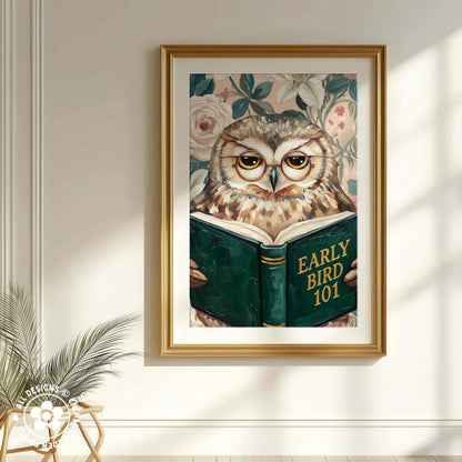 Funny Owl Reading Book Art – Quirky Bird Lover Wall Decor