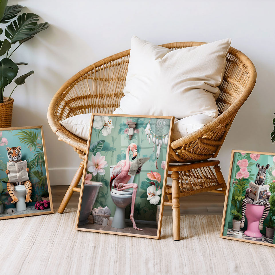 a wicker chair sitting next to a bunch of pictures