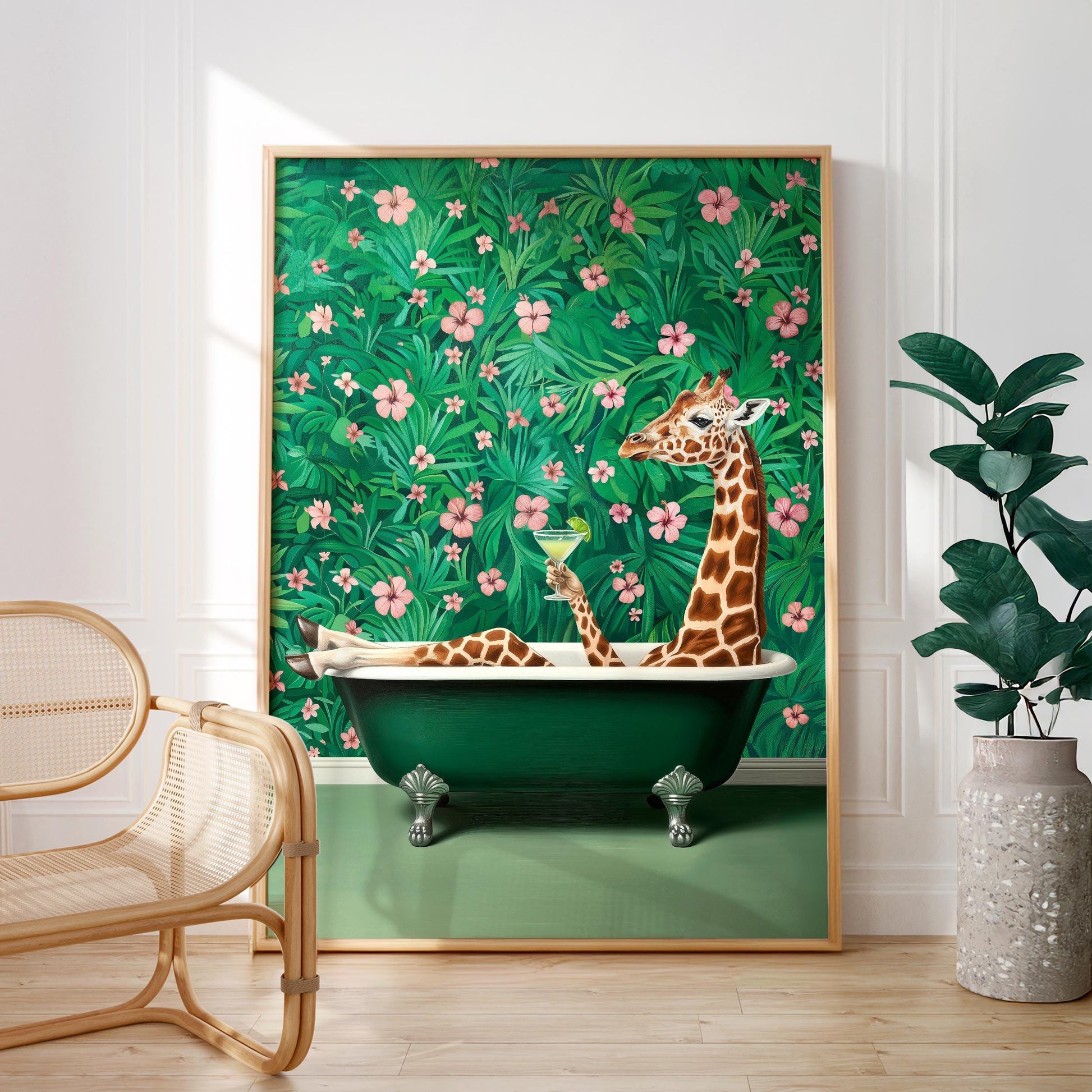 A giraffe is sitting in a green bathtub, surrounded by a tropical floral background, with a glass of wine in its hand.
