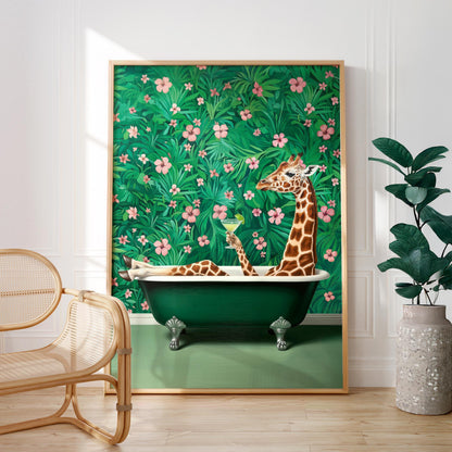 A giraffe is sitting in a green bathtub, surrounded by a tropical floral background, with a glass of wine in its hand.