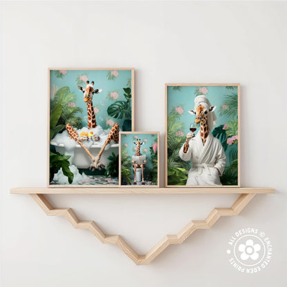 Funny Giraffe in Robe Poster – Tropical Bathroom Wall Art
