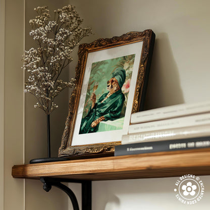 a wooden shelf displaying a framed painting of a person in a green robe, a vase of white flowers, and a stack of books.