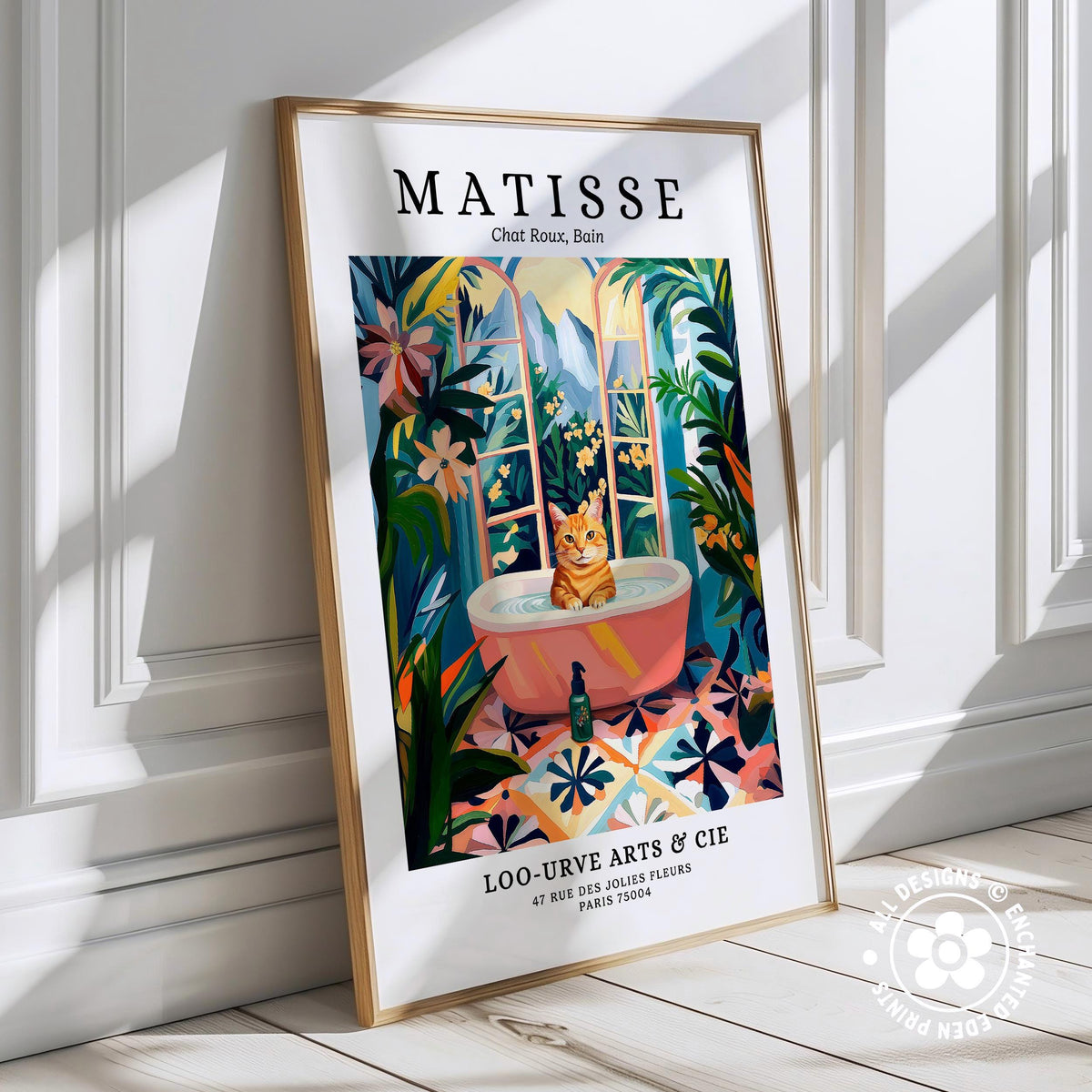 The image is a framed poster featuring an illustration of a cat sitting in a bathtub surrounded by tropical plants and flowers.