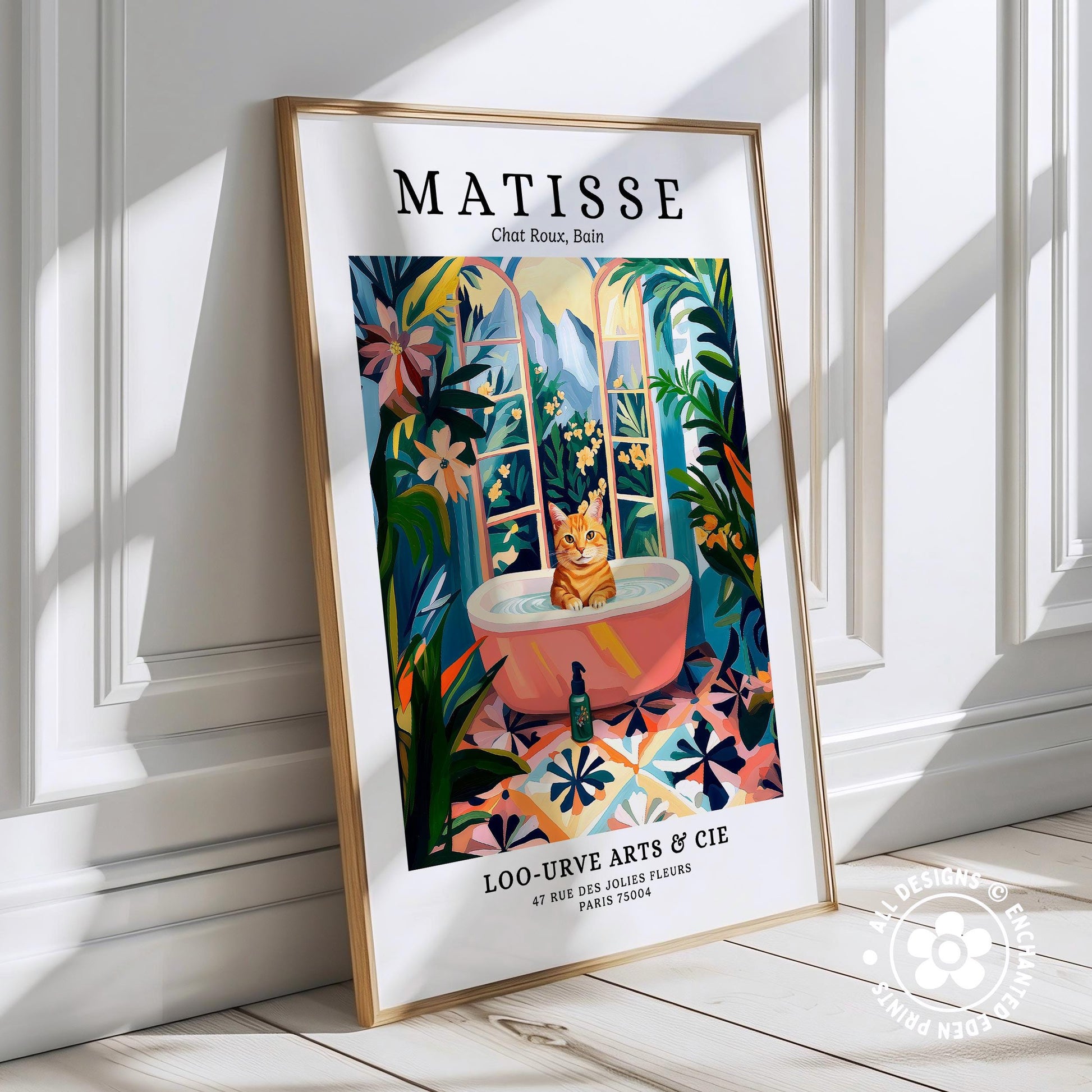 The image is a framed poster featuring an illustration of a cat sitting in a bathtub surrounded by tropical plants and flowers.