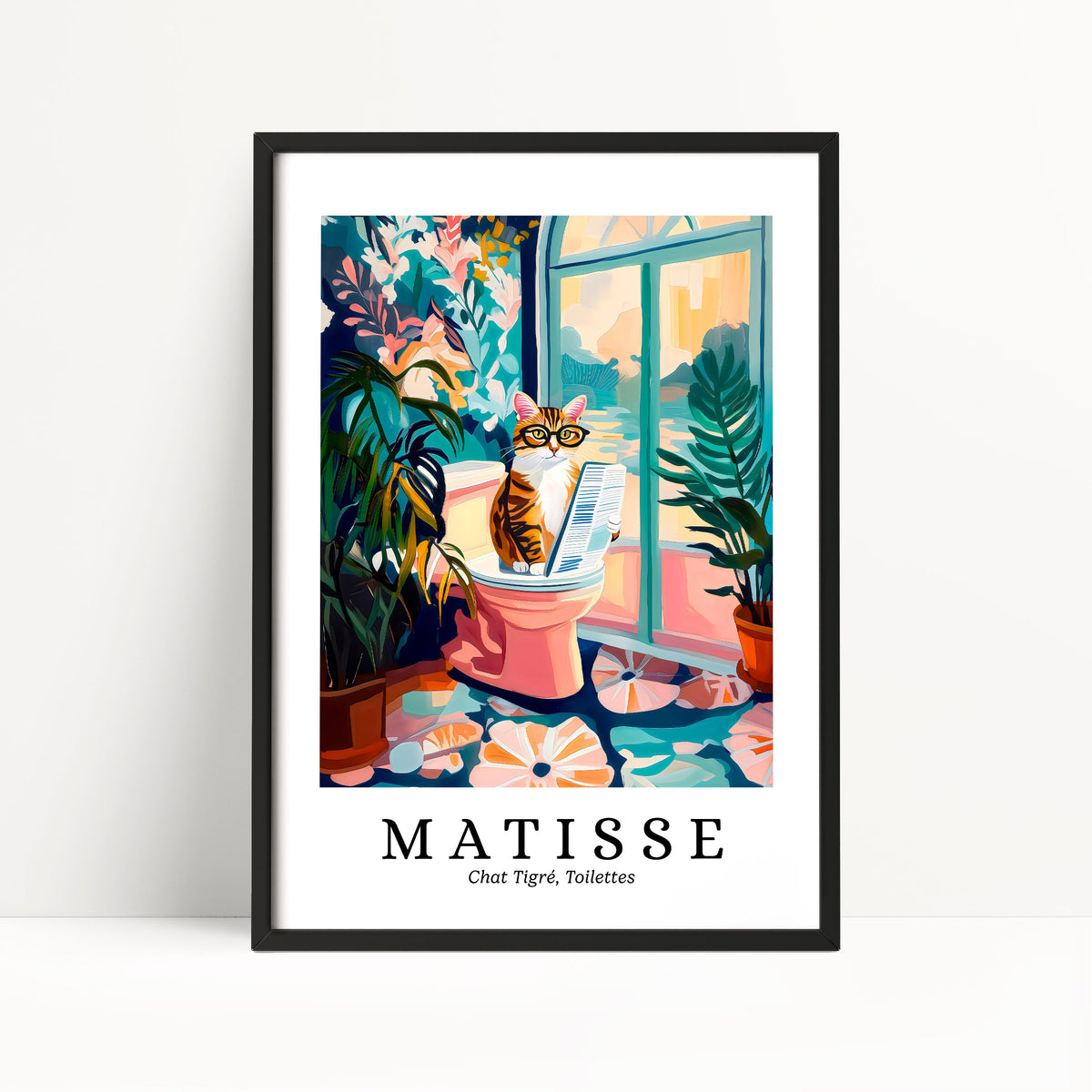A framed illustration depicting a cat sitting on a toilet in a bathroom, surrounded by colorful flowers and plants.