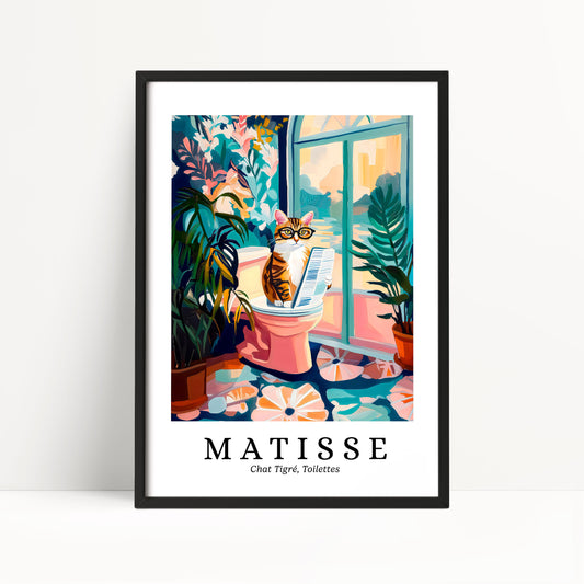 A framed illustration depicting a cat sitting on a toilet in a bathroom, surrounded by colorful flowers and plants.