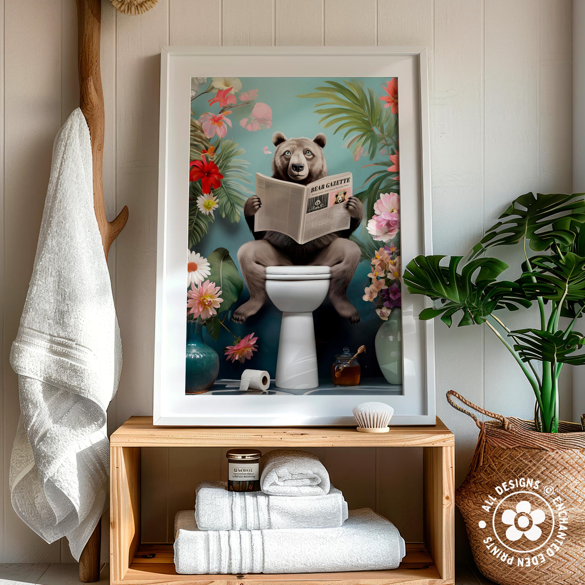 a humorous and whimsical scene of a bear sitting on a toilet and reading a newspaper, surrounded by flowers and a basket.
