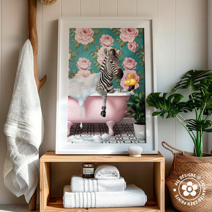 Funny Zebra in Bathtub Poster – Quirky Bathroom Wall Art
