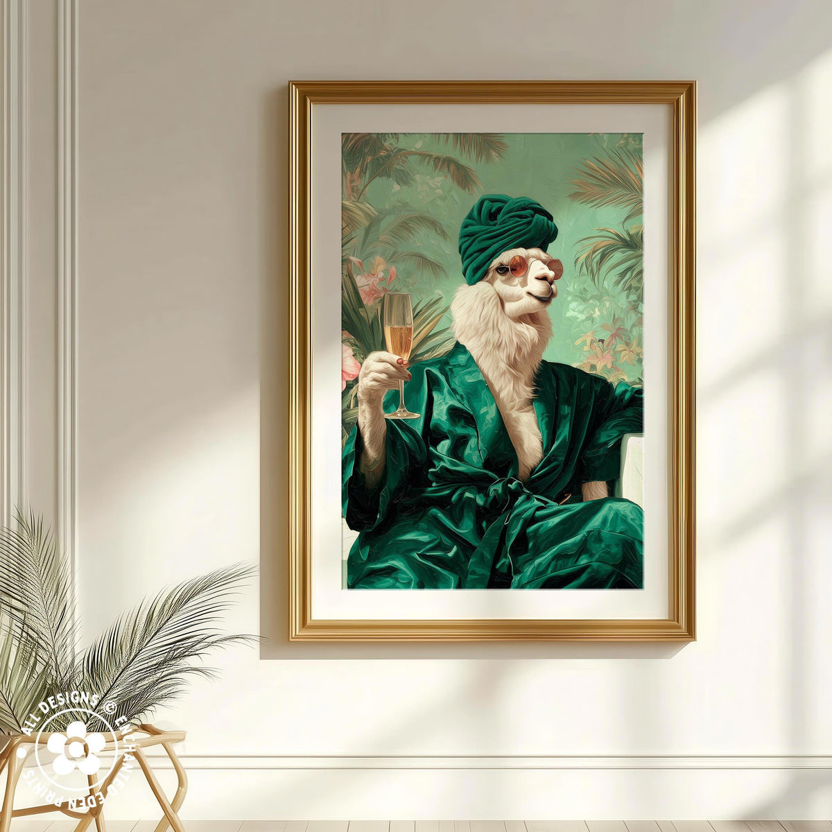 A framed painting of a llama wearing a green robe and holding a glass of wine, set against a tropical background.