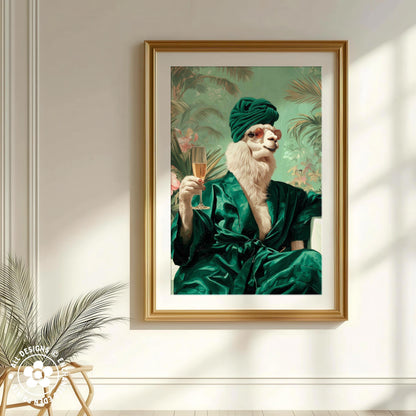 A framed painting of a llama wearing a green robe and holding a glass of wine, set against a tropical background.