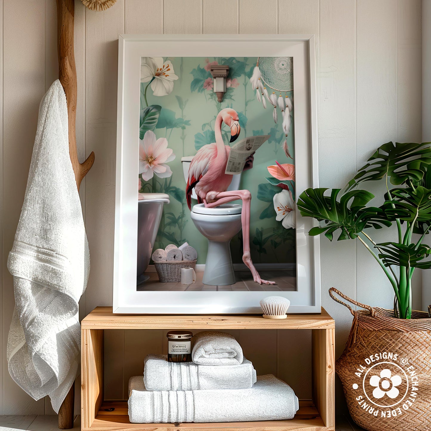 A framed painting depicting a pink flamingo sitting on a toilet in a bathroom, surrounded by flowers and plants.