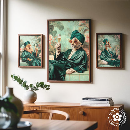 a collage of three framed paintings on a wall, depicting a leopard wearing a green robe and holding a glass of wine.