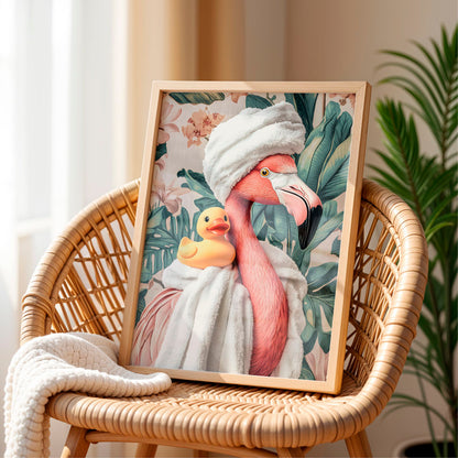 a painting of a flamingo and a duck in a bathrobe