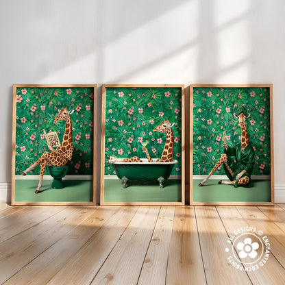The image is a triptych of three framed artworks depicting giraffes in various whimsical and humorous situations.