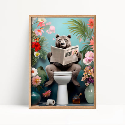 A bear sitting on a toilet and reading a newspaper, surrounded by flowers and other objects.