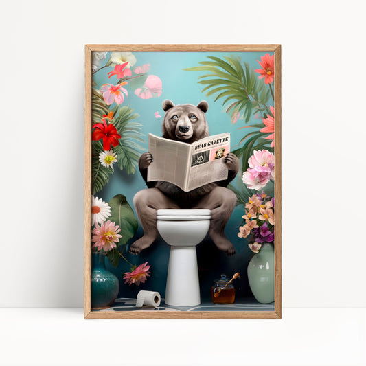A bear sitting on a toilet and reading a newspaper, surrounded by flowers and other objects.