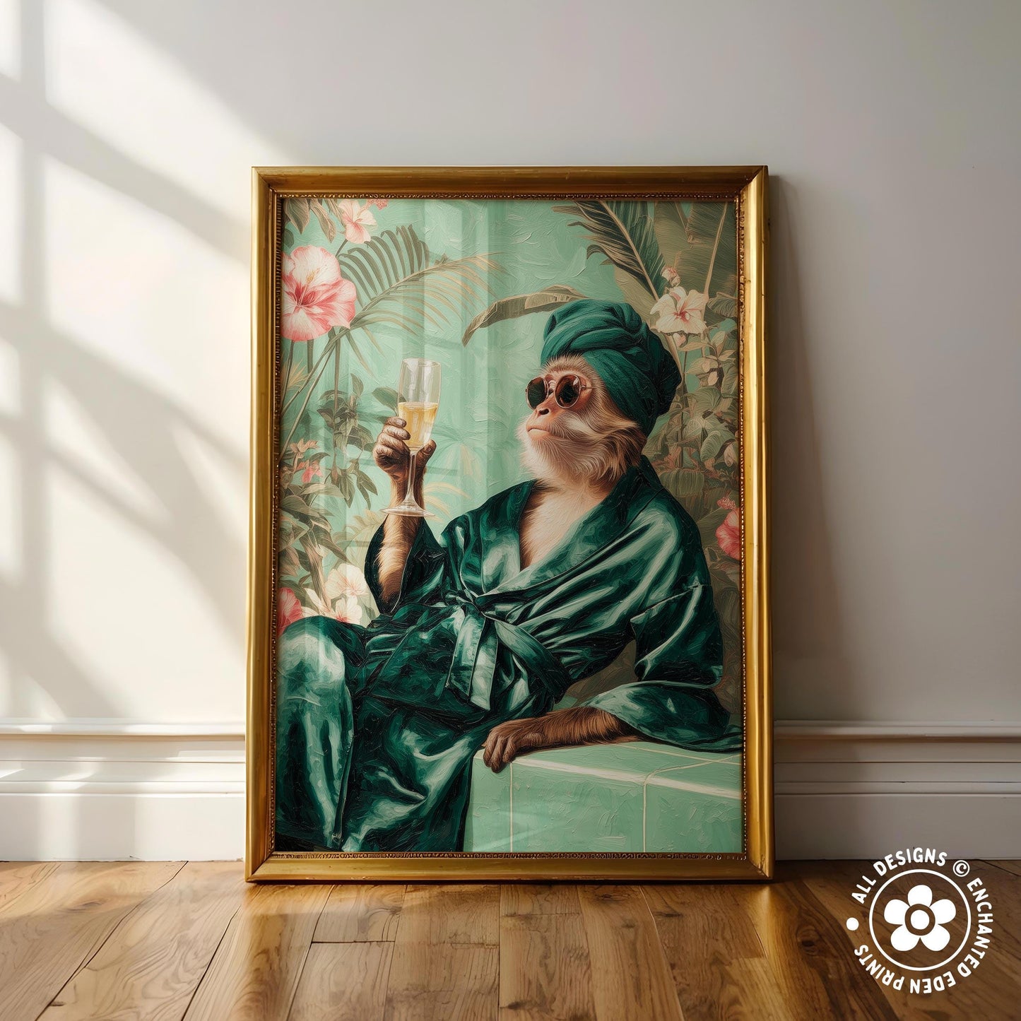 A framed painting depicting a monkey dressed in a green robe and turban, holding a glass of wine and sitting on a green bench against a floral background.
