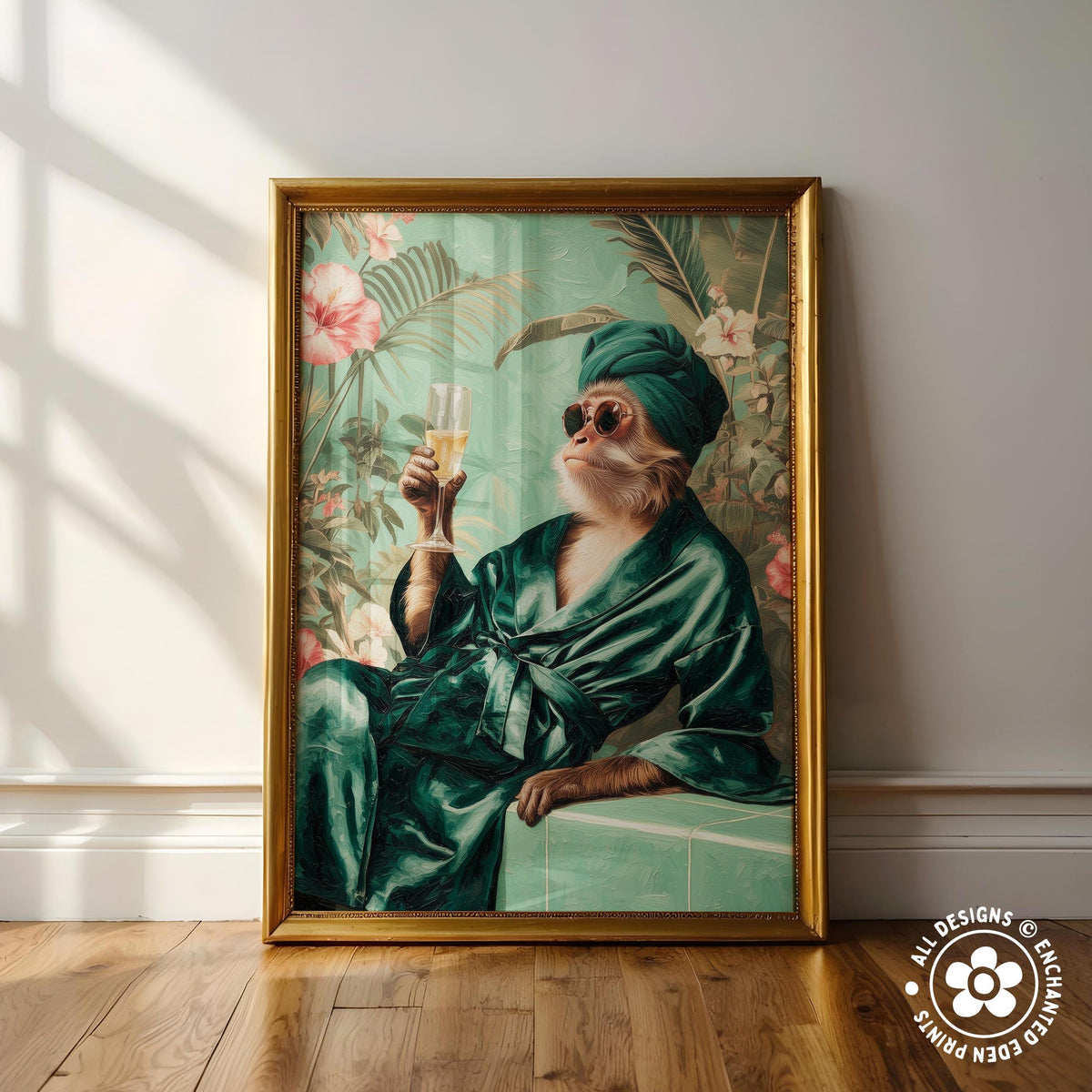 A framed painting depicting a monkey dressed in a green robe and turban, holding a glass of wine and sitting on a green bench against a floral background.