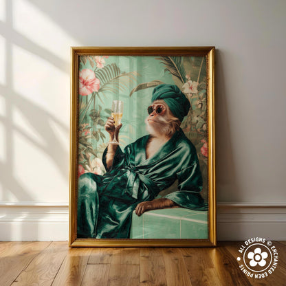 A framed painting depicting a monkey dressed in a green robe and turban, holding a glass of wine and sitting on a green bench against a floral background.