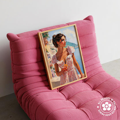 A framed painting of a woman in a checkered dress is displayed on a pink textured chair.