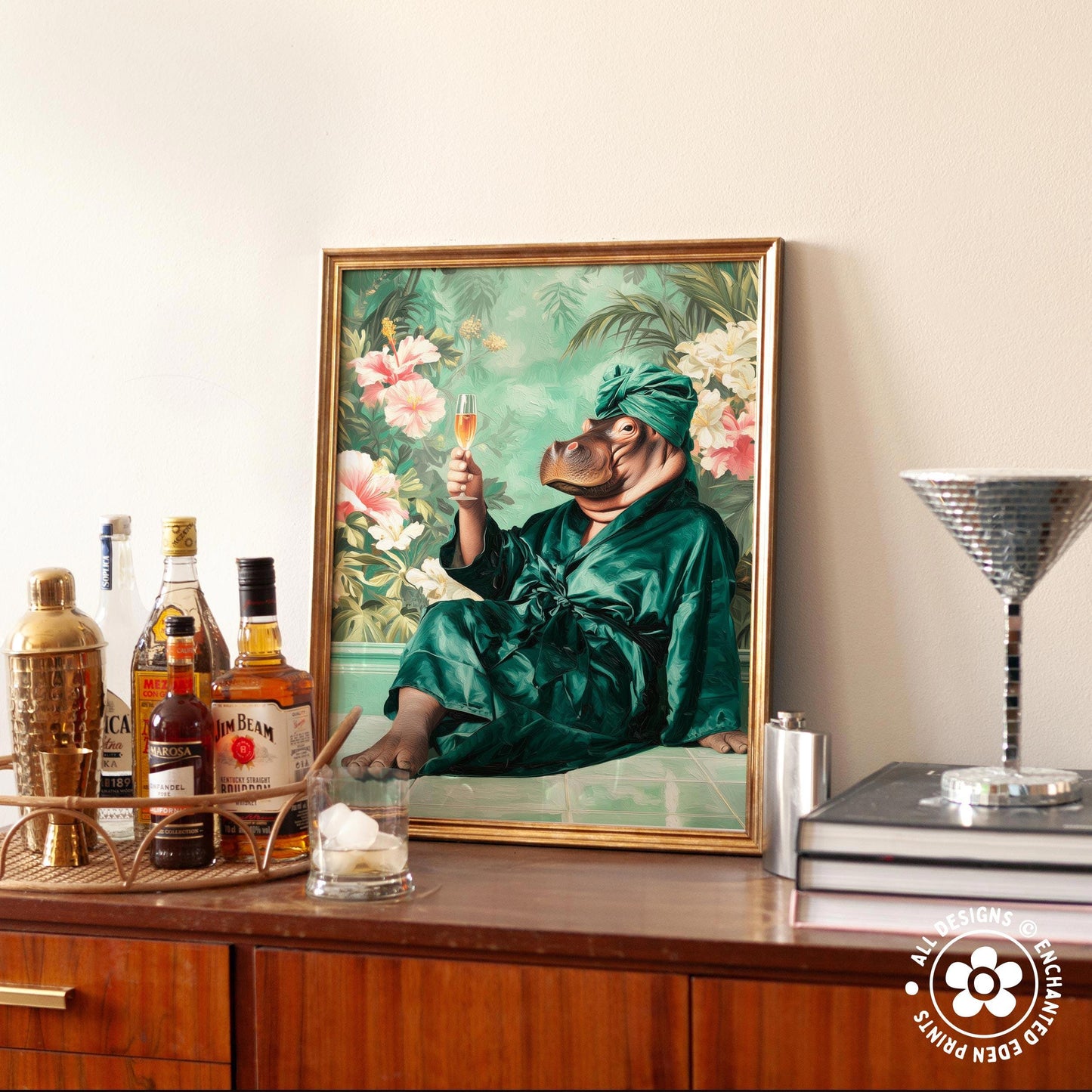 a framed painting of a person in a green robe sitting on a bench, holding a glass of wine, with a mirror and various bottles of alcohol in the foreground.