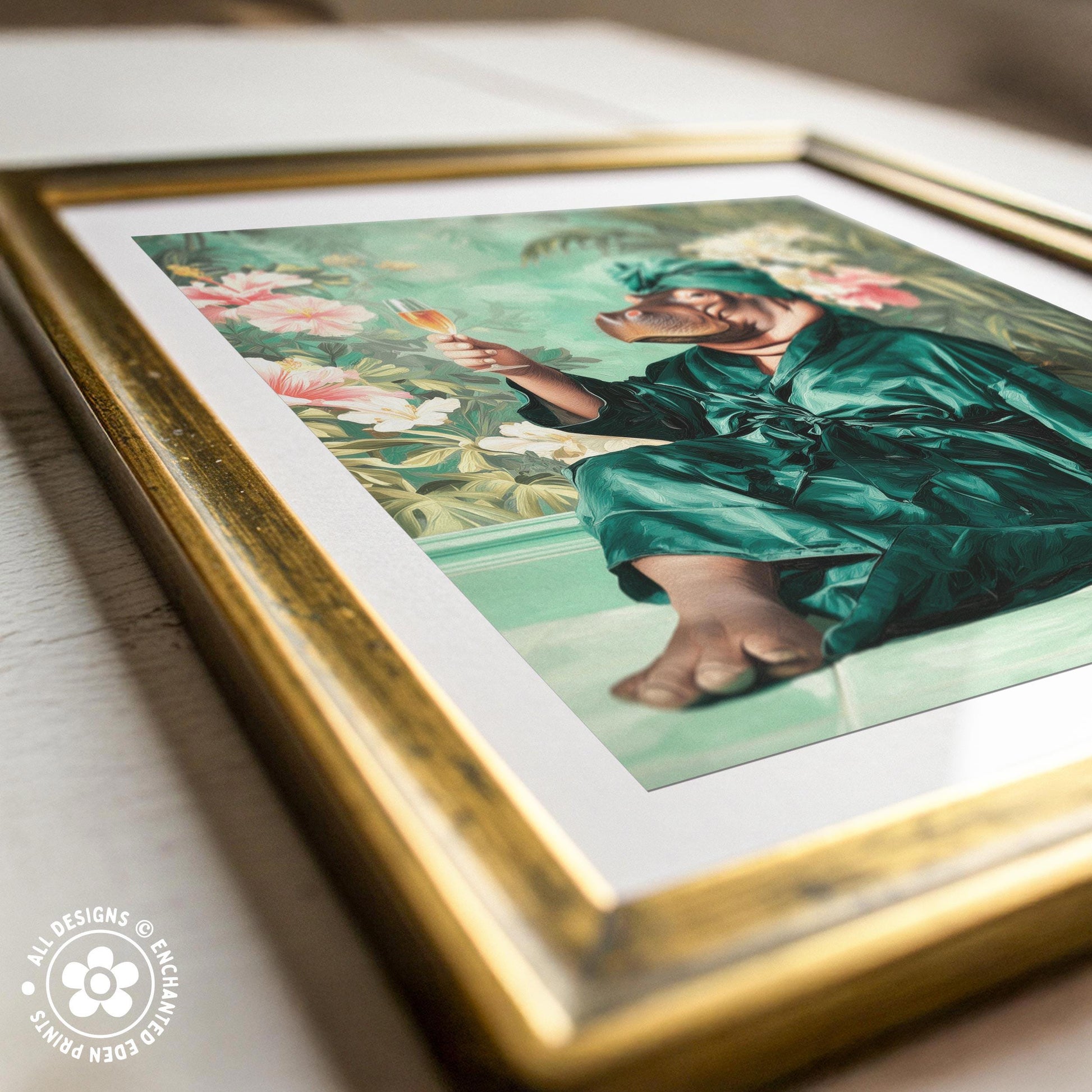 a person in a green robe sitting on a bench, holding a drink in their hand.