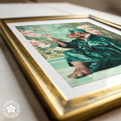 a person in a green robe sitting on a bench, holding a drink in their hand.