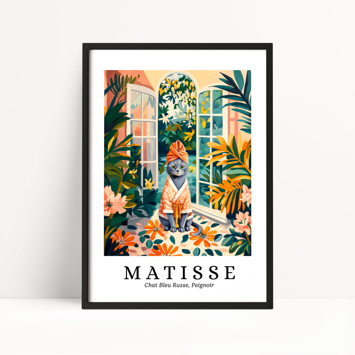 A framed illustration of a cat wearing a towel and sitting on a windowsill, surrounded by tropical foliage and flowers.