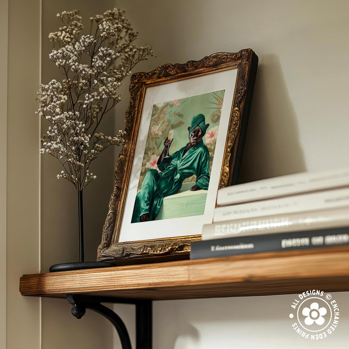 a wooden shelf with a framed picture of a person in a green outfit, a vase of white flowers, and a stack of books.
