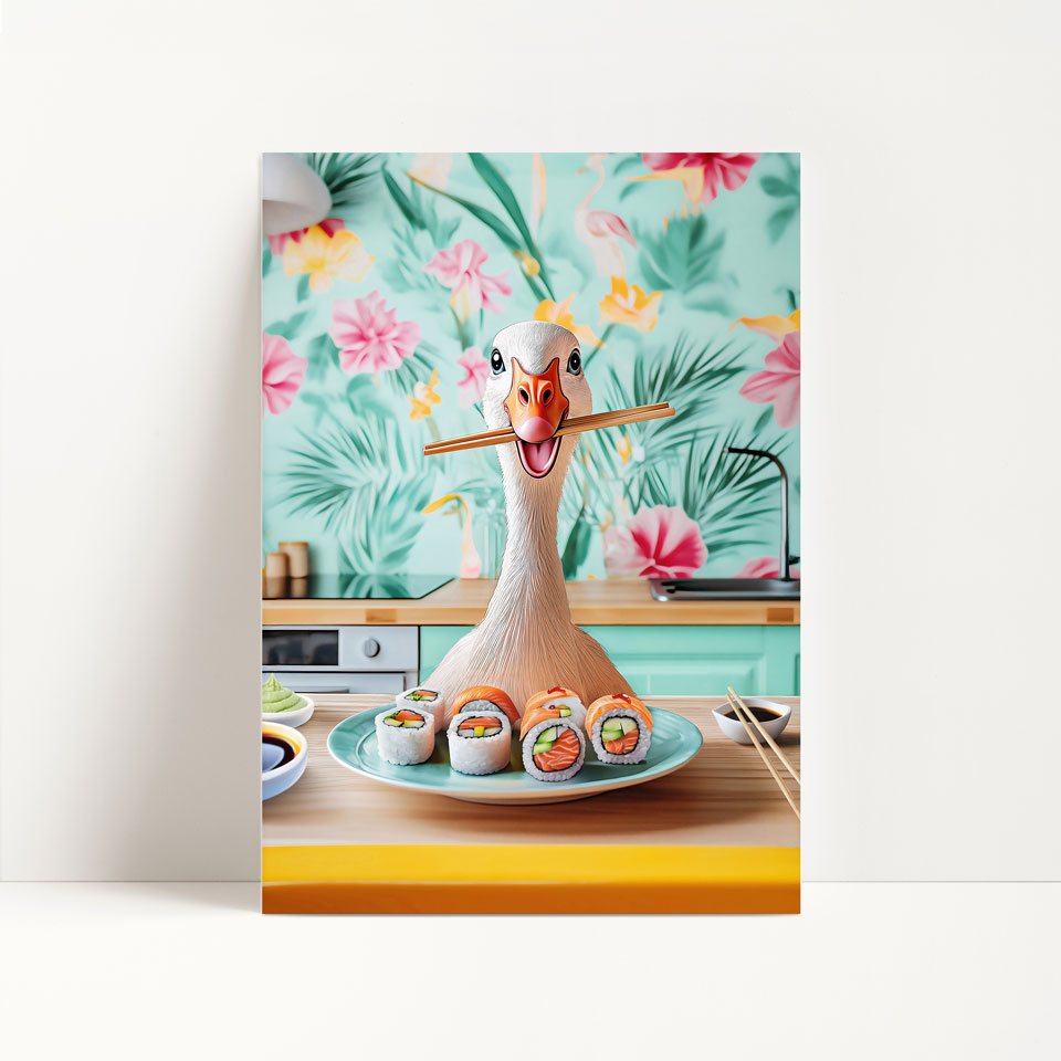 a picture of a duck with sushi on a plate