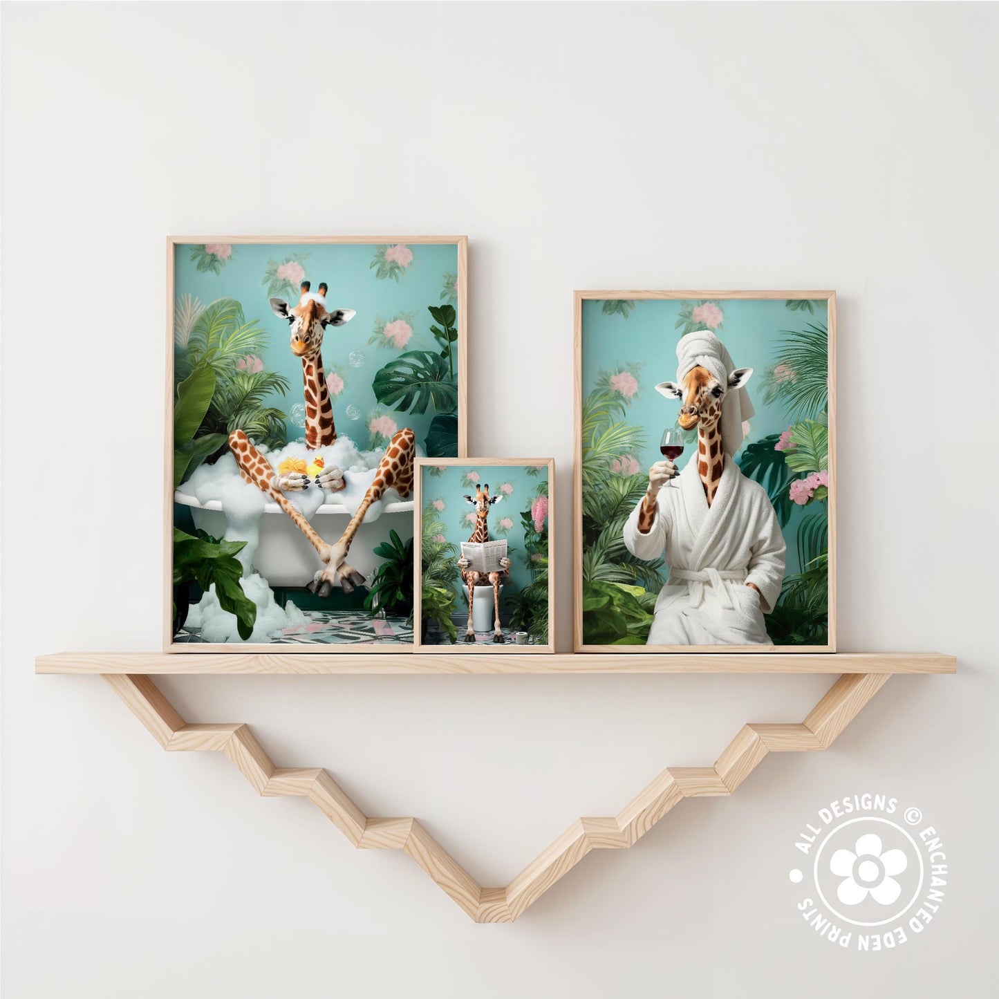 Funny Giraffe in Bath Tub Poster – Tropical Bathroom Wall Art