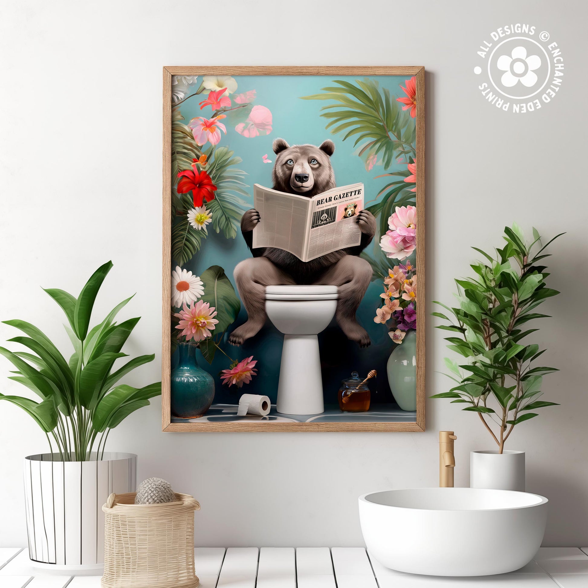 The image is a collage of various elements, including a bear sitting on a toilet surrounded by flowers, plants, and toiletries.