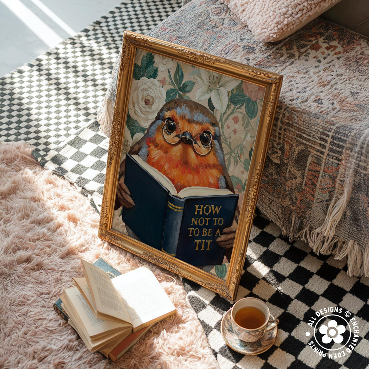 Funny Robin Reading Book Art – Quirky Bird Lover Wall Decor