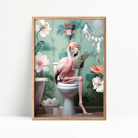 A pink flamingo sitting on a toilet and reading a newspaper in a bathroom with colorful flowers and a dreamcatcher.