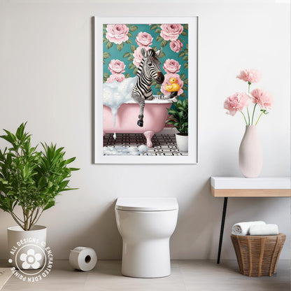 Funny Zebra in Bathtub Poster – Quirky Bathroom Wall Art