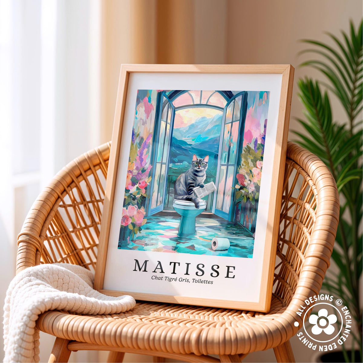 A framed painting of a cat sitting on a toilet in a colorful, artistic style, with the text "MATISSE" and "Chat Tigre, Toilets" below it.