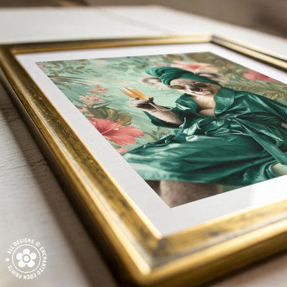 A framed print depicting a koala wearing a green robe and holding a yellow flower, set against a floral background.